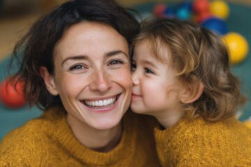 Joyful mother and daughter share genuine laughter and warm embrace, capturing authentic family love and tender bonding momen
