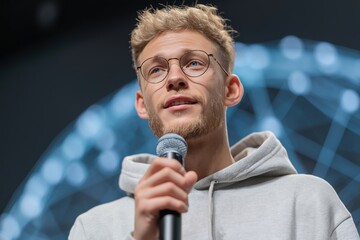 Young man glasses grey hoodie speaking microphone performance blue backdrop, AI technology concept revolution

