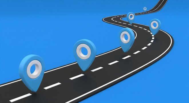 Embark on a vibrant journey with location markers along a winding road, perfect for maps, navigation, travel planning and business growth strategies