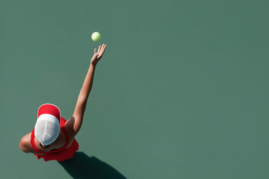 Female tennis player serving ball on green clay court overhead view

 - Powered by Adobe