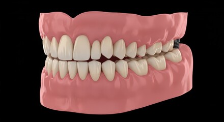 Obraz premium Realistic 3d rendering of a full set of upper and lower dentures against a black background