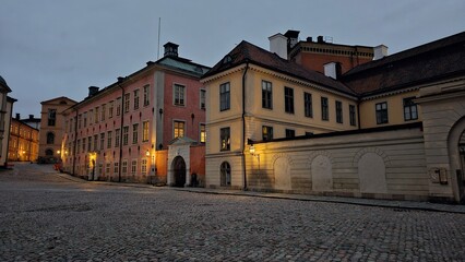 Streets and houses in the center of the old town in Stockholm, Sweden.
