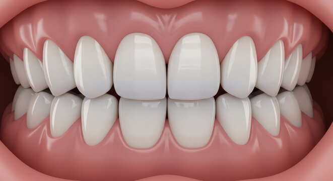 Close up of a healthy human smile showing perfectly aligned white teeth and pink gums