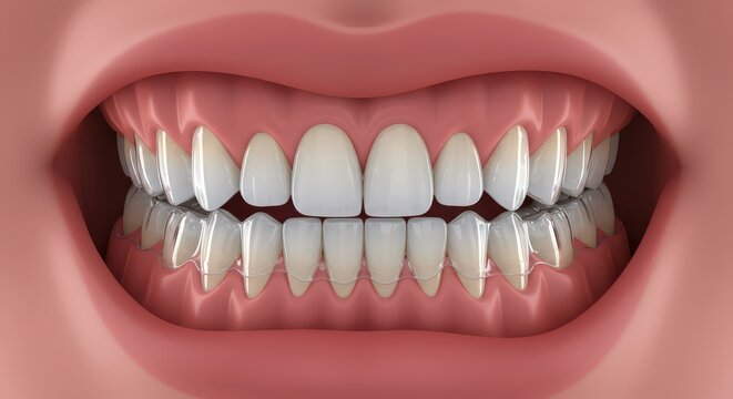 Close up view of a healthy human mouth showing perfectly aligned white teeth and pink gums