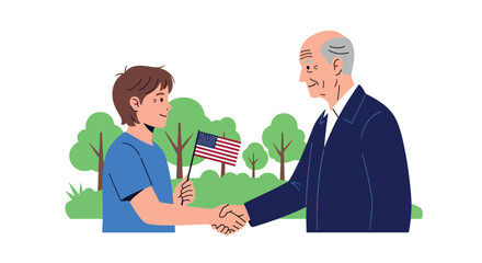 A military veteran shaking hands with a patriotic young girl holding an American flag. Represents respect, thanks, and honoring service and Veterans Day