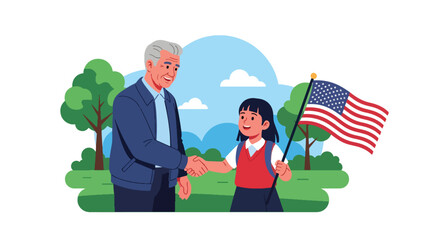 A military veteran shaking hands with a patriotic young girl holding an American flag. Represents respect, thanks, and honoring service and Veterans Day
