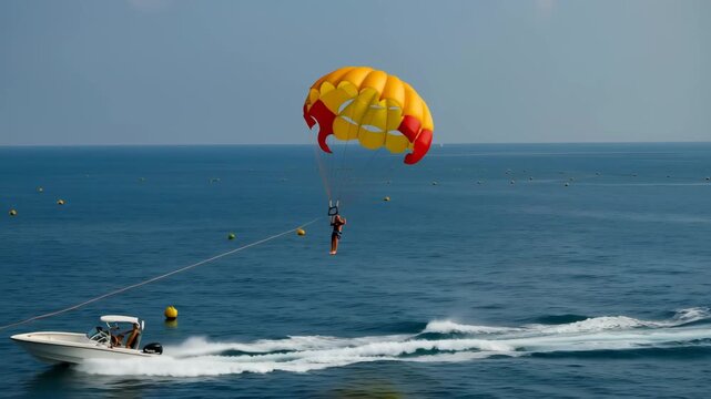Person parasailing over the ocean pulled by a boat paragliding water sport
