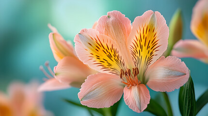 Fototapeta premium Delicate peach colored alstroemeria flowers with dark speckles on petals blooming in soft natural light with a blurred background