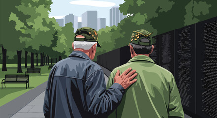 Flat vector of American veteran saluting at the Vietnam Veterans Memorial Wall, symbolizing respect, remembrance, and national pride