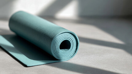 Close-up of a rolled blue yoga mat on a smooth floor with soft natural light and shadows creating a calm atmosphere