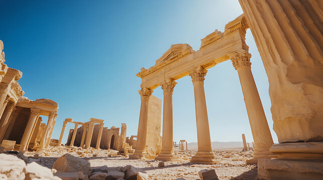 Ancient columns stand against a clear blue sky in a sun-drenched, arid landscape. Architectural ruins evoke a sense of timelessness and historical significance.
