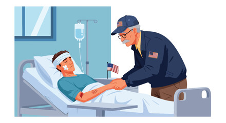 Flat vector of veteran visiting injured soldier in hospital room, compassion, healing, and care on Veterans Day