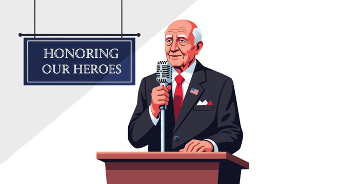 Flat vector of veteran giving motivational speech at public park on Veterans Day, empowerment and equality theme