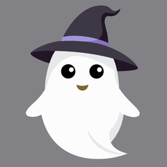 Adorable Cute Friendly Ghost Character Wearing a Witch Hat - Simple Cartoon Spooky Halloween Design Element Mascot