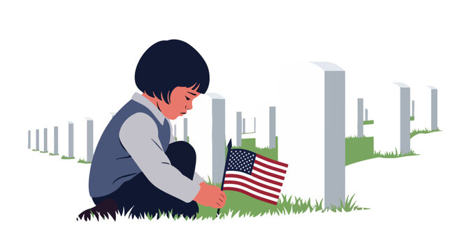 Flat vector of child placing American flag on veteran’s grave at cemetery, remembrance and gratitude on Veterans Day