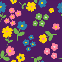 Playful seamless floral pattern with yellow and pink flowers on a deep purple background, perfect for retro wrapping paper, digital art, and textile design.