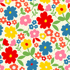 Seamless small floral pattern with red, blue, and yellow blossoms on a cream background. A cheerful retro-inspired design for fabric and stationery.