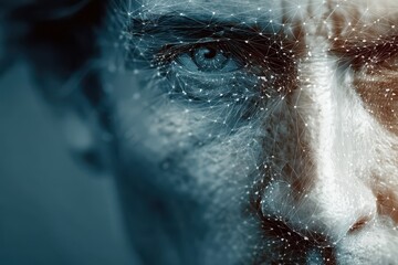 Biometric facial scan with digital wireframe network and technology concept art
