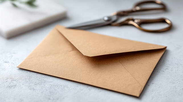 Close-up of a brown kraft paper envelope on a textured surface with vintage scissors and a blurred background