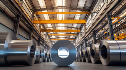 A view into the heart of industry.  Rolled steel at a manufacturing plant. Metal sheets ready for their transformation into the material that shapes our world, showcasing precision and strength.