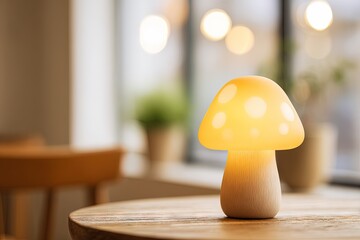 Cute mushroom lamp on wooden table, soft warm light, cozy home decor, interior scene
