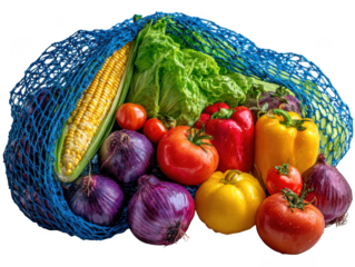 Fresh vegetables in a blue net bag isolated on transparent background