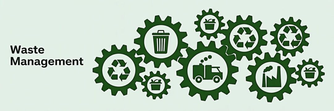 Waste management concept featuring green gears with recycling trash and industry icons symbolizing environmental solutions and sustainable practices for a cleaner planet and future