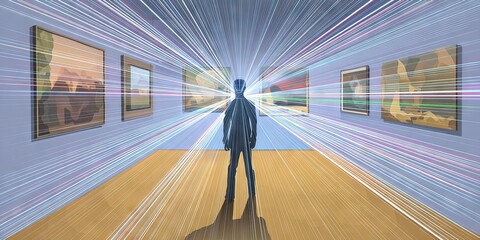 Robot standing in art museum with lasers scanning all the artworks