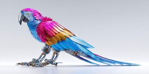 dynamic angle of a vibrant mechanical parrot robot bird with metallic feathers and mechanical parts 