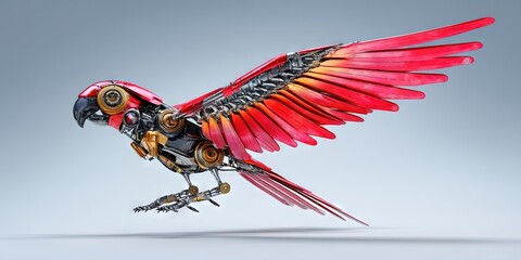 dynamic angle of a vibrant mechanical parrot robot bird with metallic feathers and mechanical parts 