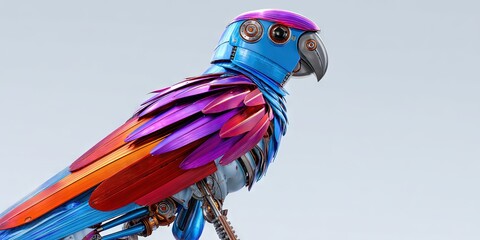 dynamic angle of a vibrant mechanical parrot robot bird with metallic feathers and mechanical parts 