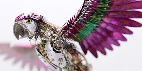 dynamic angle of a vibrant mechanical parrot robot bird with metallic feathers and mechanical parts 