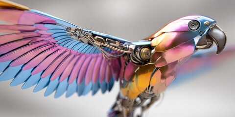 dynamic angle of a vibrant mechanical parrot robot bird with metallic feathers and mechanical parts 