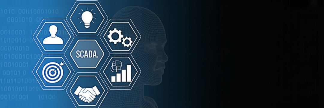 Scada system visualization with human head outline and data icons representing business intelligence and automation on a blue background for industrial control systems and technology - Powered by Adobe