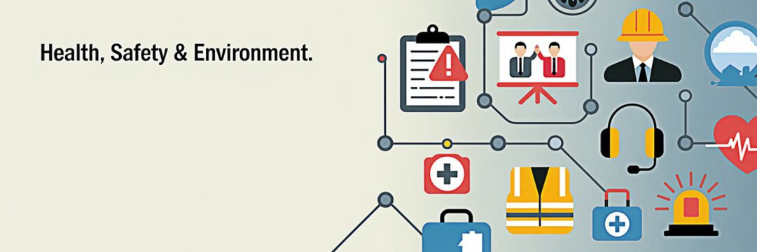 Health safety and environment icons representing workplace safety protocols and environmental protection measures for a secure and sustainable work environment promoting well being and compliance