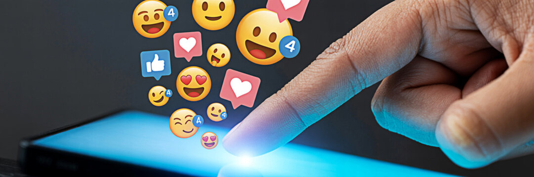Finger touching a smartphone screen with social media emojis and notifications representing online engagement and digital communication in the modern world of mobile technology and social networking - Powered by Adobe