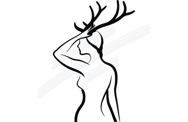Line Art Woman with Antlers Touching Head animal woman continuous line art
