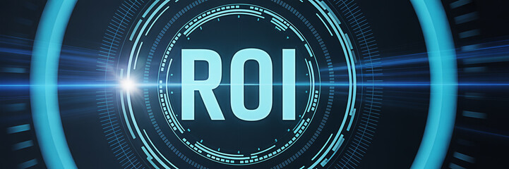 Futuristic digital display showcasing roi return on investment with a glowing blue interface and abstract circular design elements for financial technology and business applications