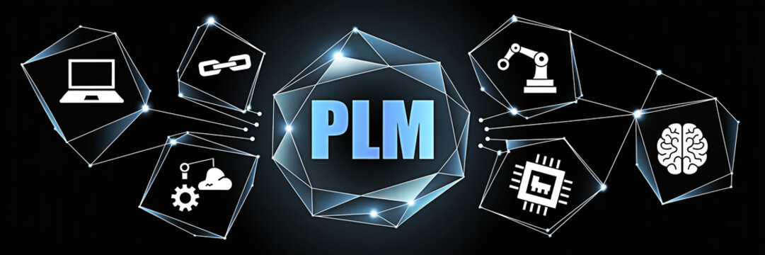 Product lifecycle management concept with plm text and icons representing different stages of the product lifecycle on a black background with geometric shapes and glowing lights design