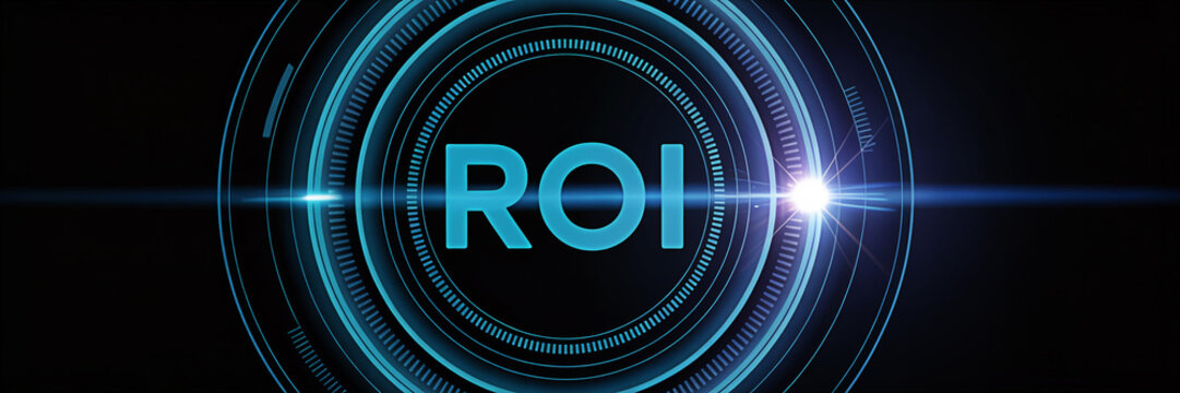 Futuristic roi concept with glowing blue neon circles and a bright lens flare on a dark background representing return on investment in business and finance technology and innovation - Powered by Adobe