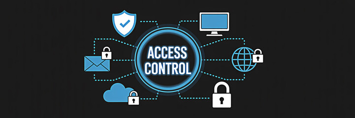 Access control system featuring security icons including a shield computer globe padlock email and cloud all connected with dotted lines on a dark background for cybersecurity concepts