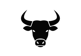 Illustration of a angry bull head with curved horns and a prominent snout on a bright setting surface