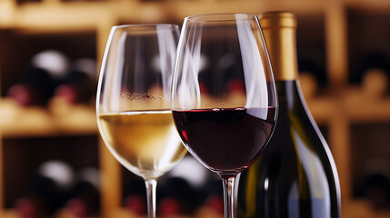 Close-up showcasing the elegance of wine through a red and white wine glass, paired with a wine bottle and background of shelves. A blend of flavors and sophistication.