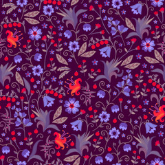 Seamless nature pattern with embroidered blue and red flowers and red berries on a deep purple background. Floral embroidery