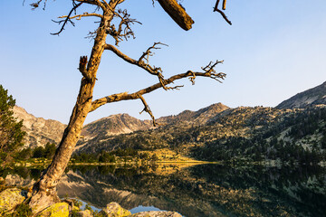 Panoramic view of Lake Aumar at sunrise, reflecting the mountains of the Néouvielle Nature Reserve