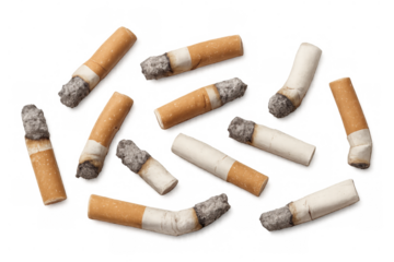 Cigarette butts scattering, showing smoking addiction, harmful waste, and environment pollution with a transparent background