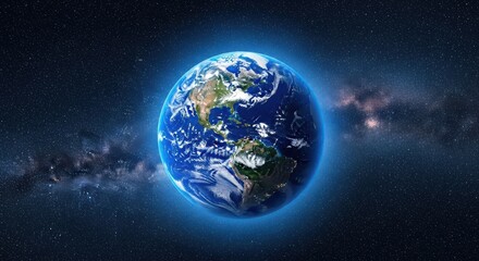 Obraz premium Glowing Blue Earth Planet Floating in Space Against Starry Nebula Background Showing North and South America