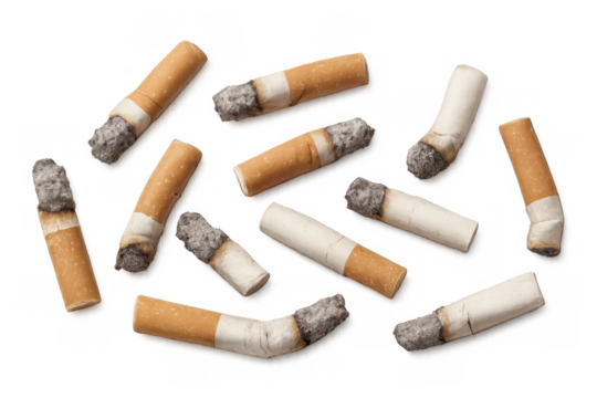 Cigarette butts scattering, showing smoking addiction, harmful waste, and environment pollution with a transparent background
