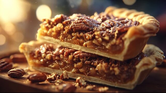 A rich pecan pie sits temptingly on the wooden surface, showcasing its golden crust and glossy filling. The pecan pie&rsquo;s inviting appearance highlights the crunchy pecans beautifull