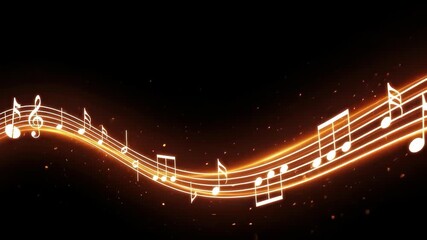 Dynamic glowing musical notes flow across a dark background with sparkling embers, 4k high quality - Powered by Adobe